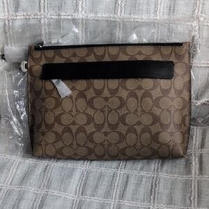 Coach Brown/Tan Signature Canvas Wristlet Pouch with Black Trim